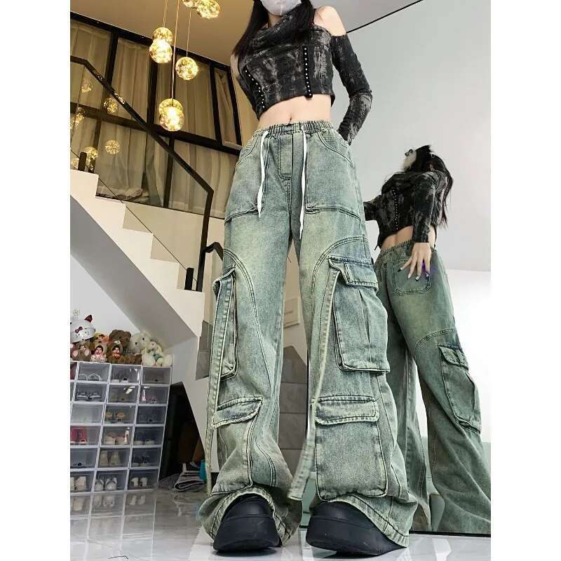American Style Elastic Waisted Retro Jeans Make Old Washed Pocket For Women Heavy-Duty Design Loose Straight Leg Pants