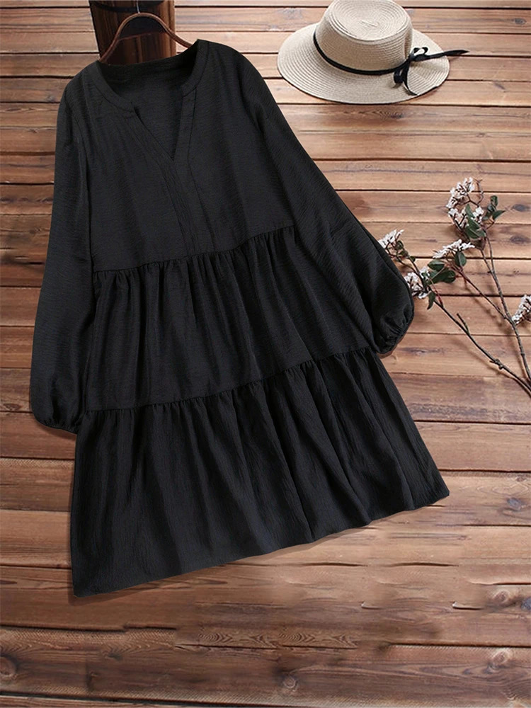 Plus Size Womens Mid-Length Layered Fleece Hoodie Dress A-line Hem Long Sleeve Modest Sweatshirt Dress Loose Fit with Pockets 250225