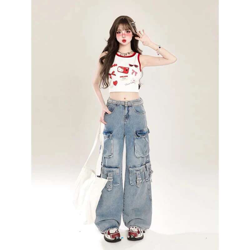 Deeptown Heavy Industry Cargo Jeans Women Vintage Oversize Pocket Wide Leg Streetwear Gyaru Denim Pants Acubi Trousers Aesthetic