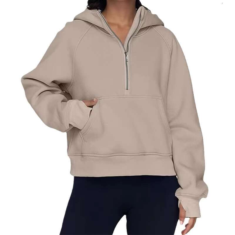 Velour Stand Collar Casual Sweater Long Sleeve Solid Sweatshirts With Pockets Womens Half Zip Pullover Hoodies