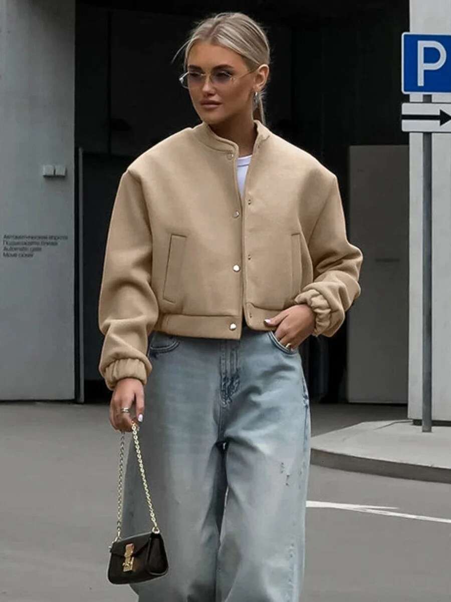 Bornladies Women's Suit Jacket Stand Collar Woolen Coat Autumn Thicken Retro Fashion Chic Office Lady Short Cardigan Top