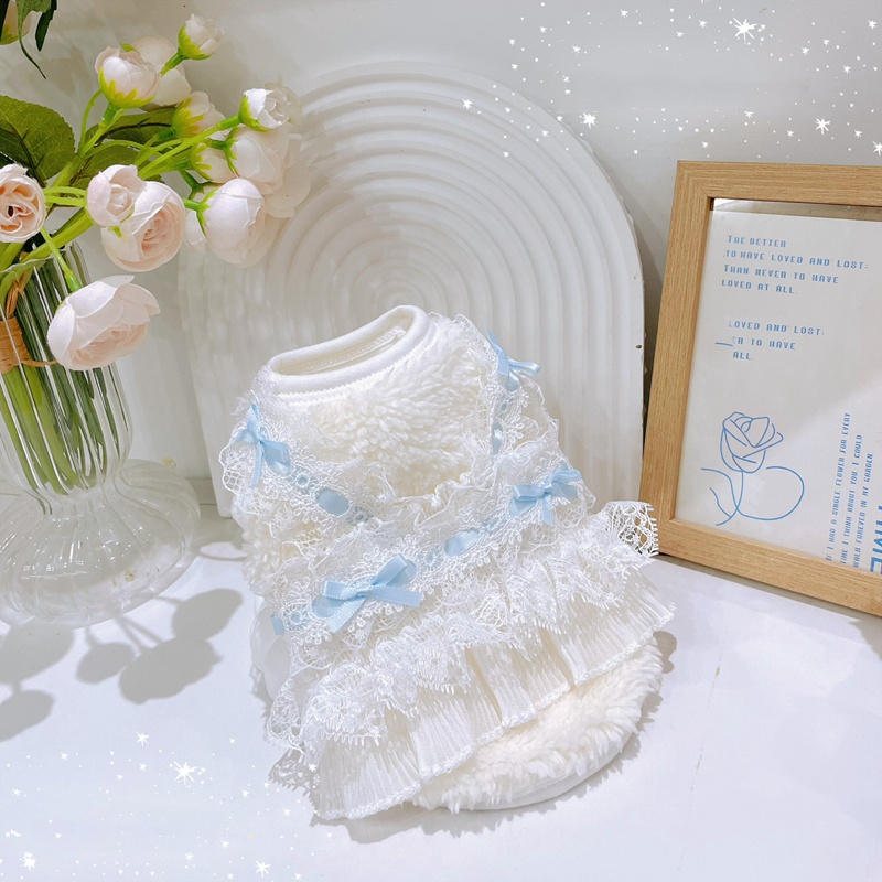 Dog Clothes Cat Clothes with Lace Bow Decoration, Comfortable and Soft Wool Material Dog Vest, Thick and Warm Winter Clothes with Velvet for Small Med