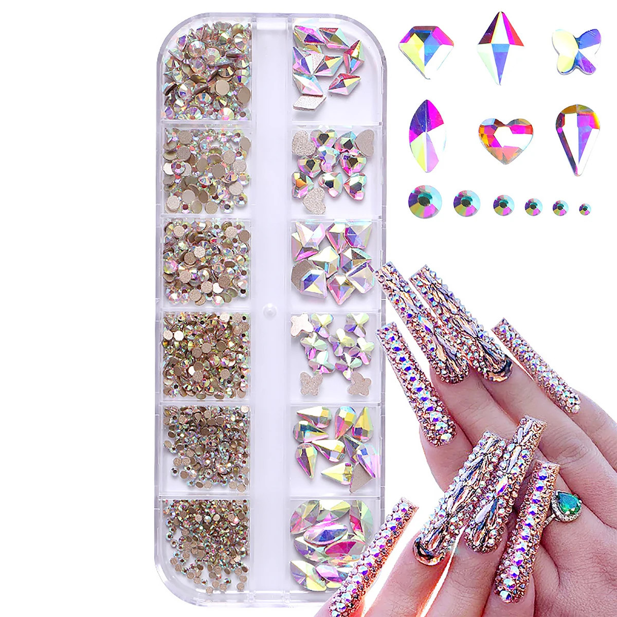 12 grid 1 box of transparent plating bottom nail water diamond heart drop and other size mixed flat 250217