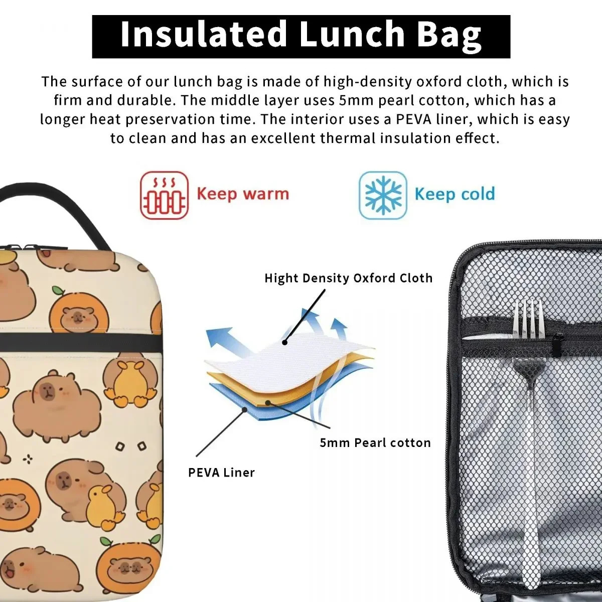 Capybara Cute Lunch Bag Office Lunch Box For Child Cute Tote Food Bags Oxford Insulated Cooler Bag 250225