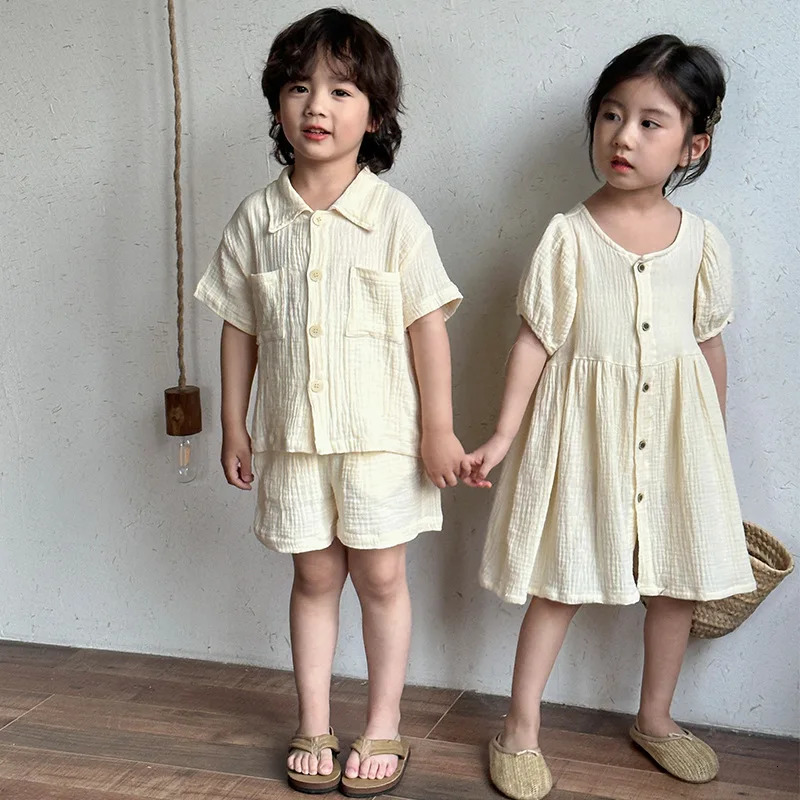 Childrens Summer Clothing Set Boys Short Sleeve Shirt Shorts 2pcs Casual Suit Girls Solid Color Dress Sister Brother Outfit 250221