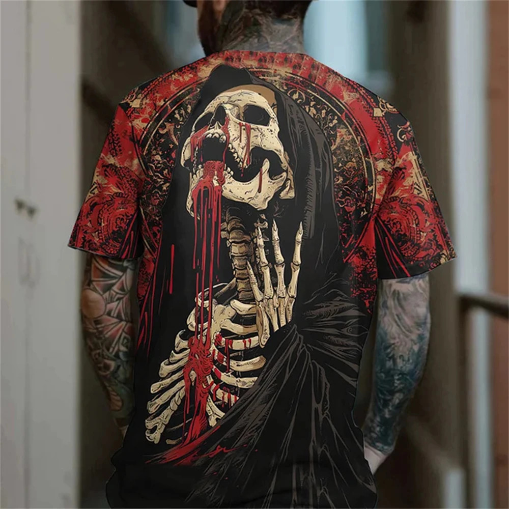 Vintage T Shirt For Men Summer Horror UndeadSkulls Pattern Printed Short Sleeve Oversized T-shirt Loose Men Clothing s-5XL 250226