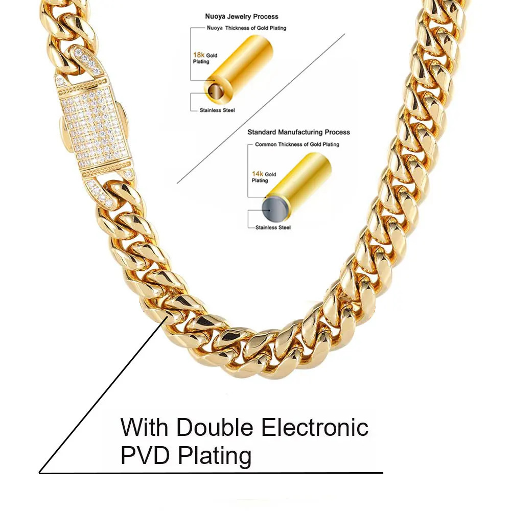 NUOYA Hiphop Gold Necklace Iced Clasp Cuban Link Chain Stainless Steel 18K Gold Plated Jewelry Necklace 250225