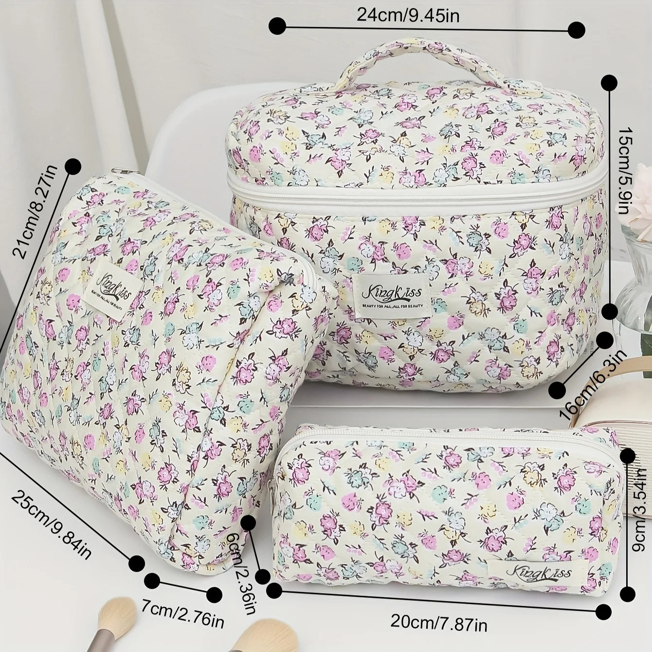 3pcs Large Capacity Quilted Makeup BagTravel Coquette Cosmetic Bag Aesthetic Cute Floral Toiletry Organizer Skincare Bag 250221