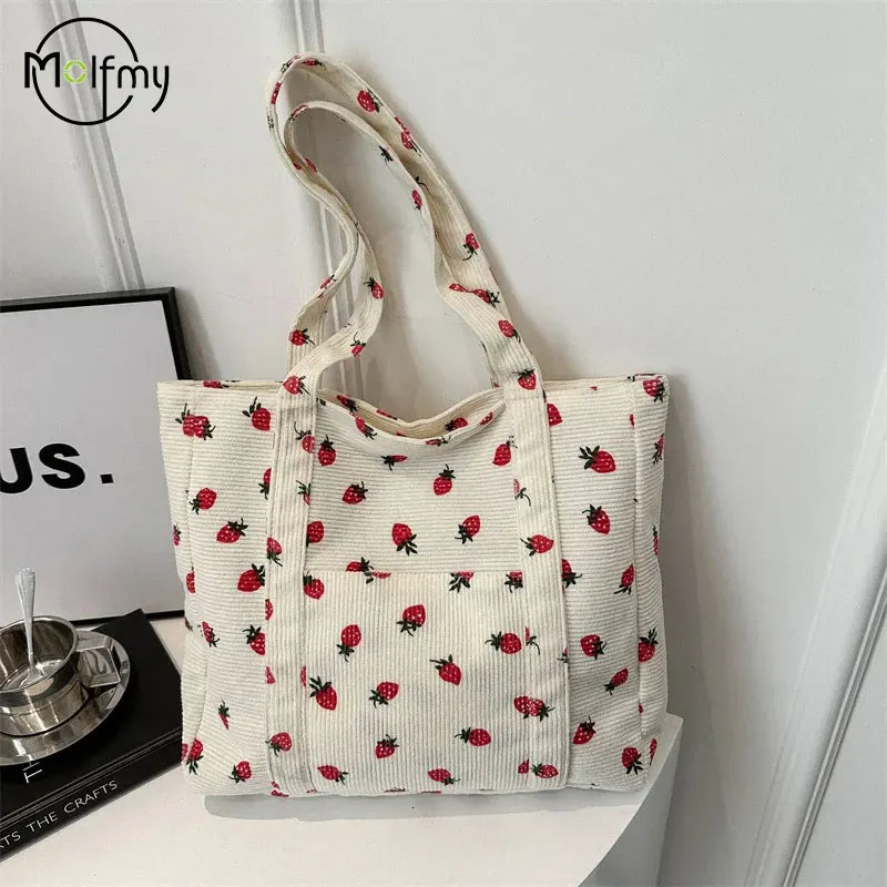 Corduroy Handbag Strawberries Beach Bag Fashionable Versatile Shoulder LargeCapacity Simple Womens Tote Bags 250221
