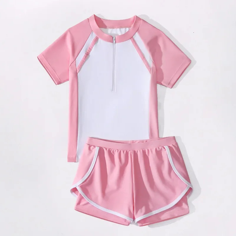 Double layered short sleeved girls swimsuit two-piece summer beachwear L-5XL childrens short sleeved girls swimsuit pink black 250225