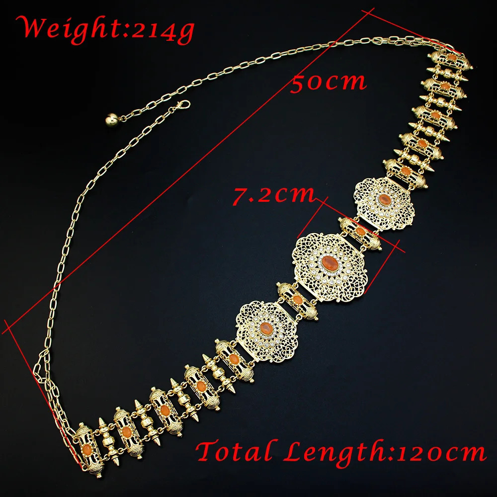 Sunspicems Chic Metal Waist Chain Morocco Belt Bride Body Chain Gold Color Orange Women Caftan Abaya Belt Arabic Wedding Jewelry 250225