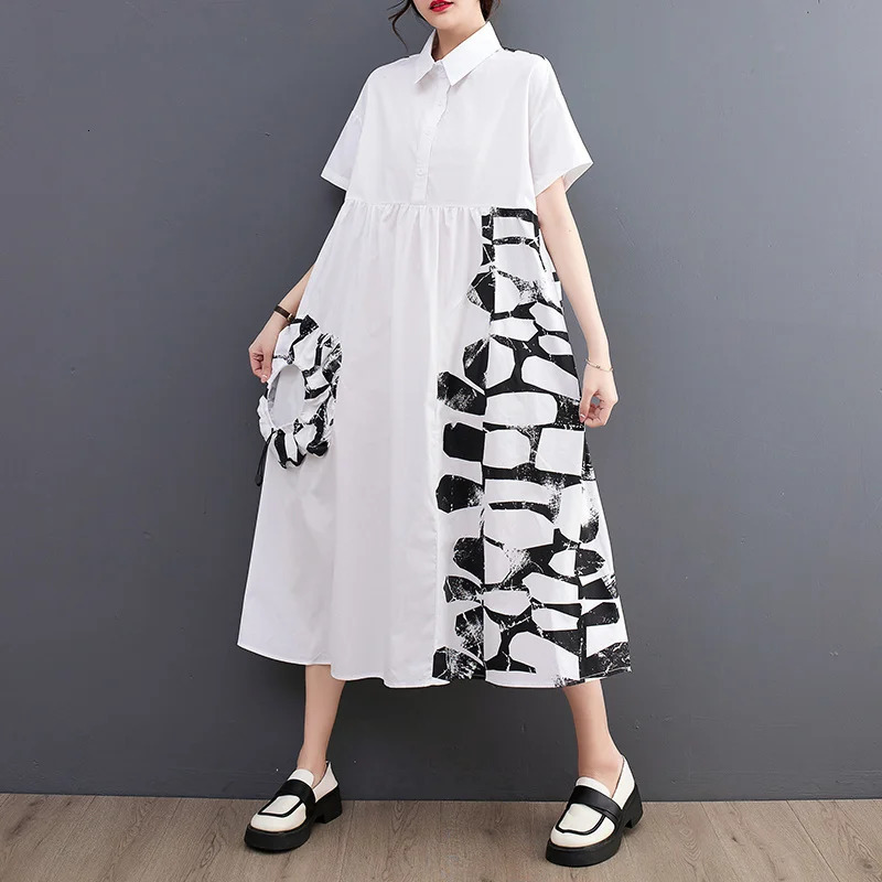 #0208 Summer Black White Long Shirt Dress Women Side Pockets Buttons Loose Asymmetrical Printed Midi Dress Female Short Sleeve 250225