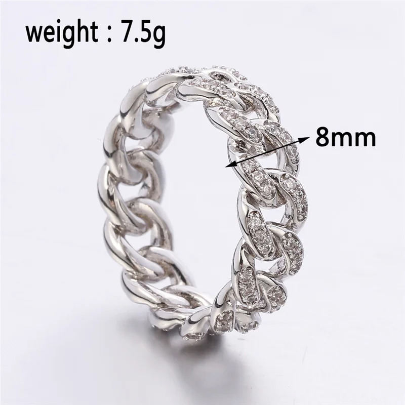 Hiphop Ring Silver Color Cuba Chain Ring Iced Out Paw Setting Micro Crystal Ring For Woman Men Engagement Wedding Finger Jewelry 250225