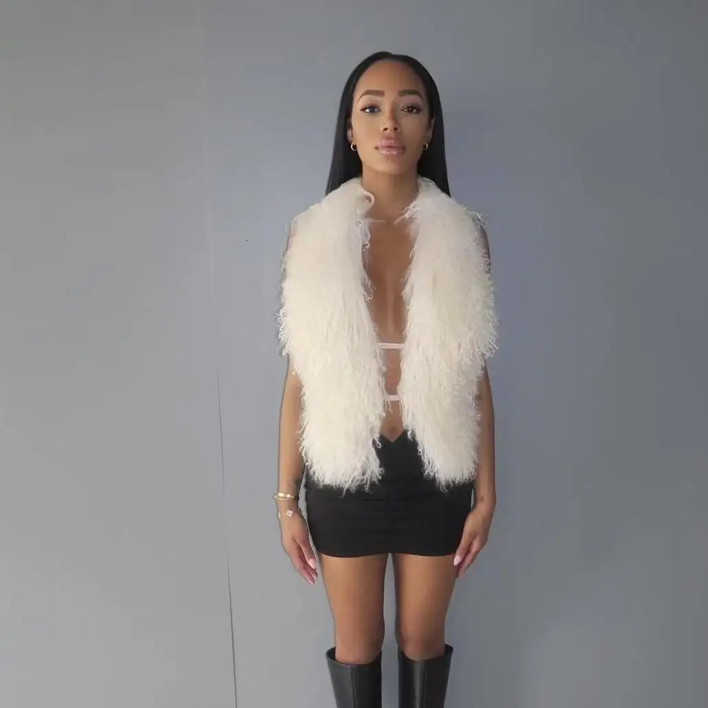 Crop Mongolian Halter Cutout Vest Slim Backless Bandage Fuzzy Puffy Cardigan Tops Sexy Women Mongolian Lamb Fur Bustiers Tanks 250226
