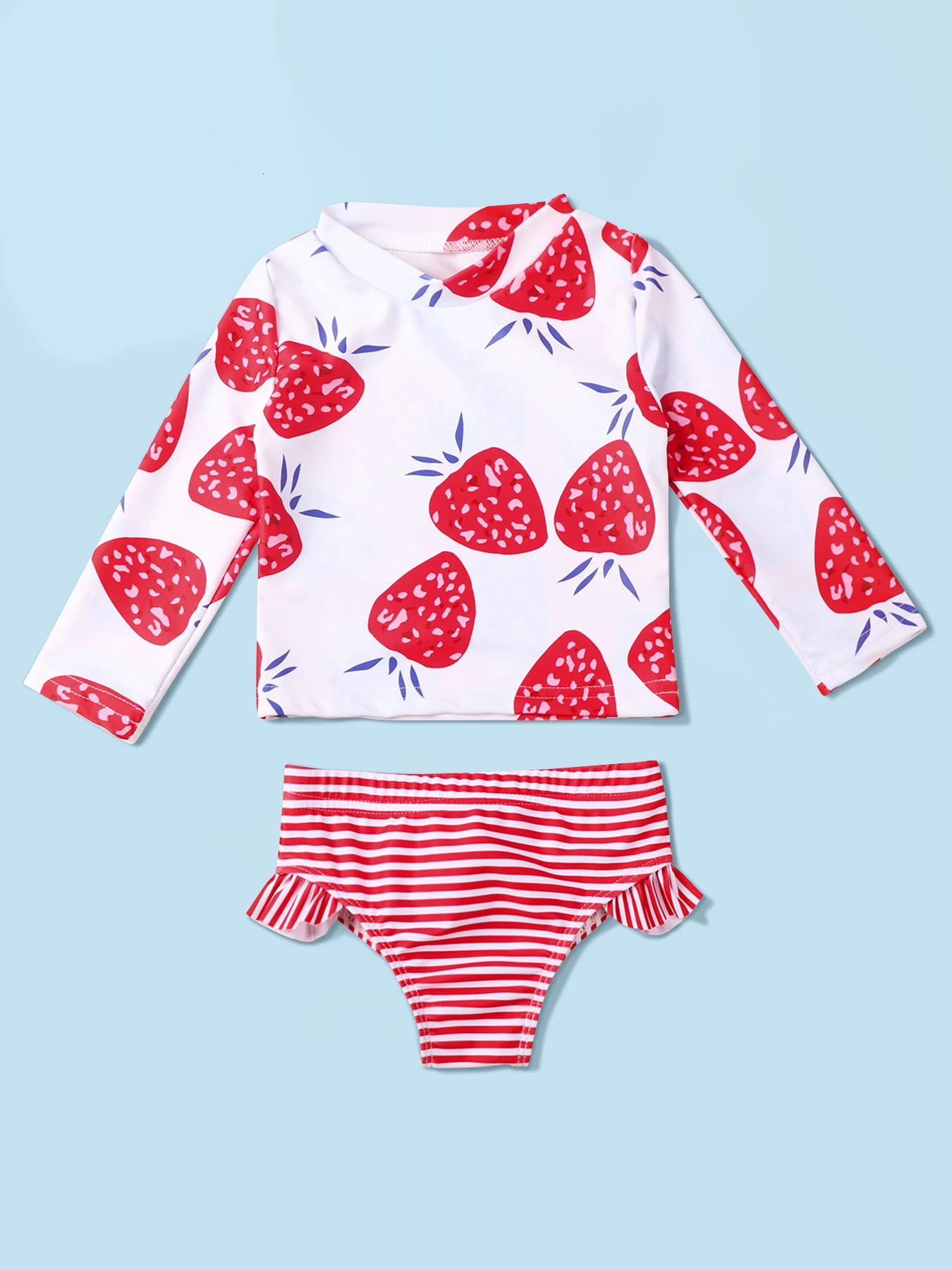Baby Girls Two Piece Swimsuit Strawberry Print Swimwear Kids Swimming Clothing Long Sleeve Summer Beachwear Bathing Suit 250225