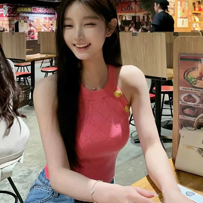 Fashionable Y2K Slim Elastic Knitted Tanks Womens Elegant Solid Button O-neck Sleeveless Sexy Tops 250226