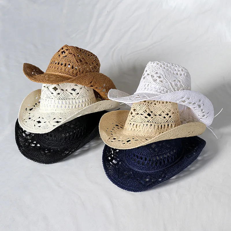 Cowboy hat fashion hollow handmade cowboy straw hat mens summer outdoor travel beach hat unisex solid color western cowboy hat 250218