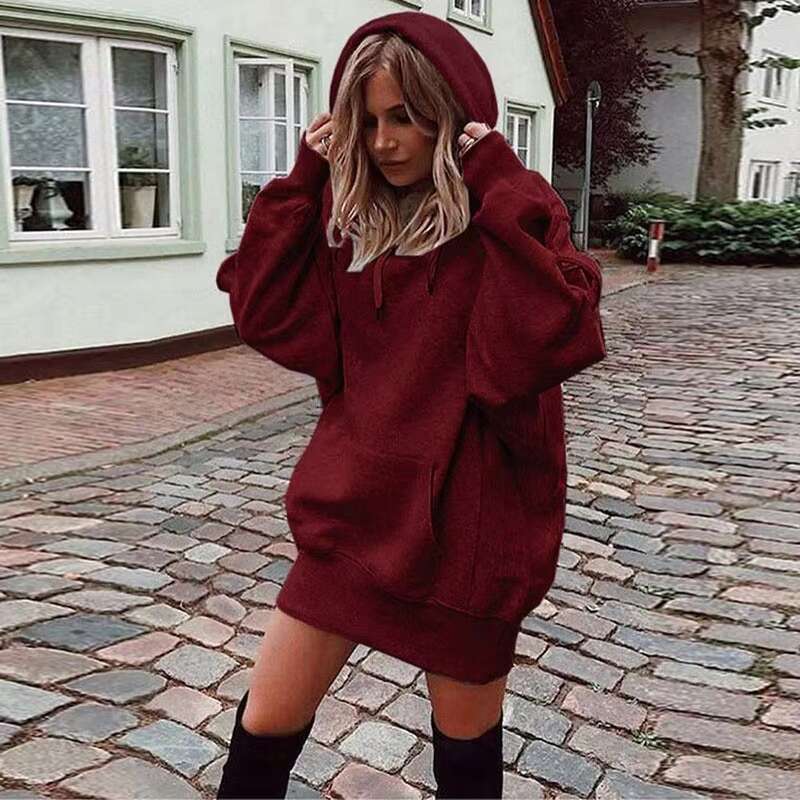 New Fashion Solid Color Sweatshirt Women Long Pullover Coat Fleece Plus Size Hoodie