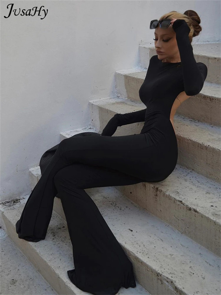 JuSaHy Summer Y2K Solid Black Basic Bodysuit for Women Fashion Long Sleeves Halter Backless Flare Pants Simple Casual Streetwear 250224