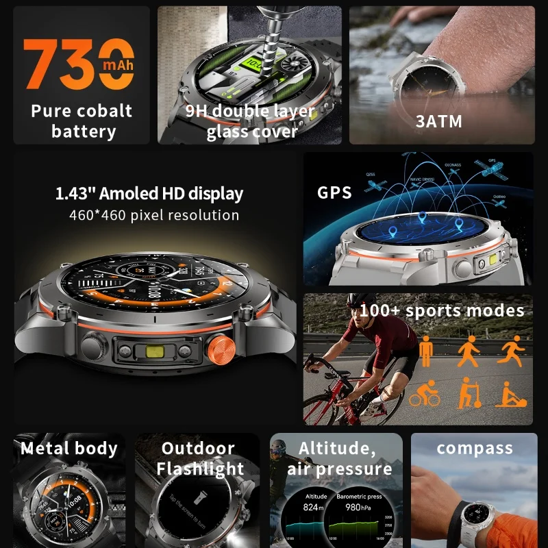 New Outdoor Sports GPS Smart Watch with Flashlight 1.43'' Amoled 730mAh 30M Waterproof Heart Rate Blood Pressure Men Smartwatch