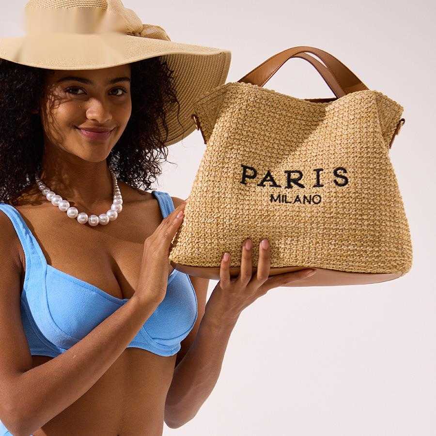 French woven bag, beach vacation bag, women's letter embroidery, large capacity tote bag, summer single shoulder crossbody bag 250215