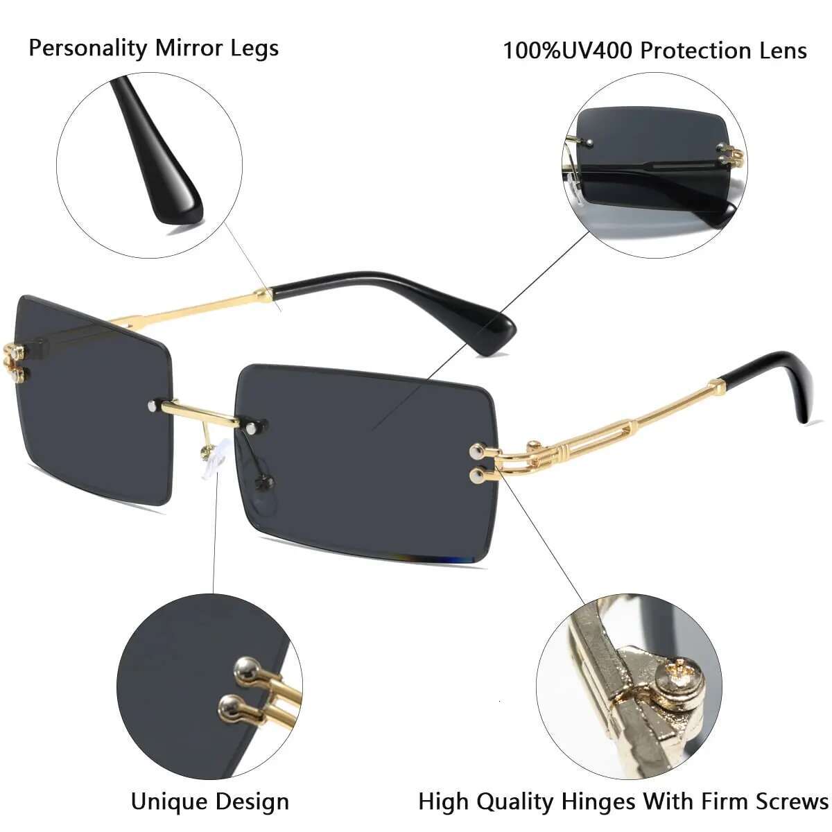 Men's Retro Sunglasses for Men Women Tinted Lens Metal Frame Vintage Rimless Rectangle Glasses UV400 Protection