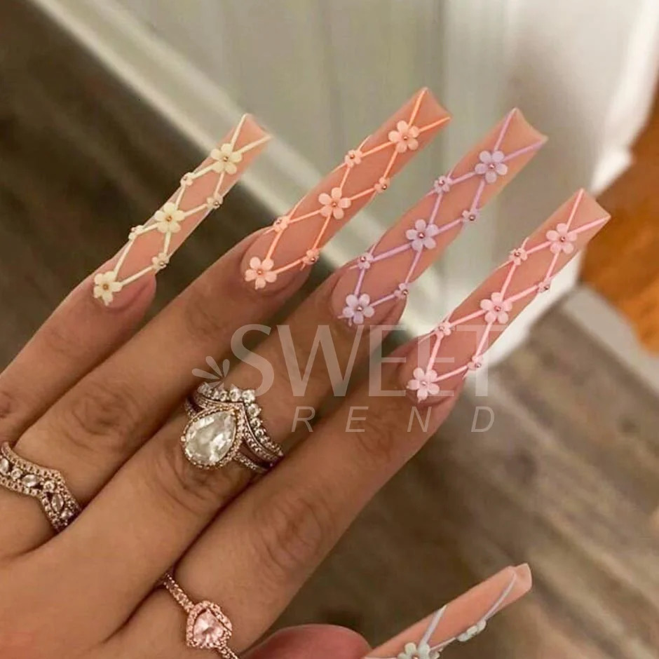 6 Grids Nail Art Decoration Pink White Acrylic Flower Charms with Beads Gem DIY Parts for Accessories Tool SASZCT156 250217