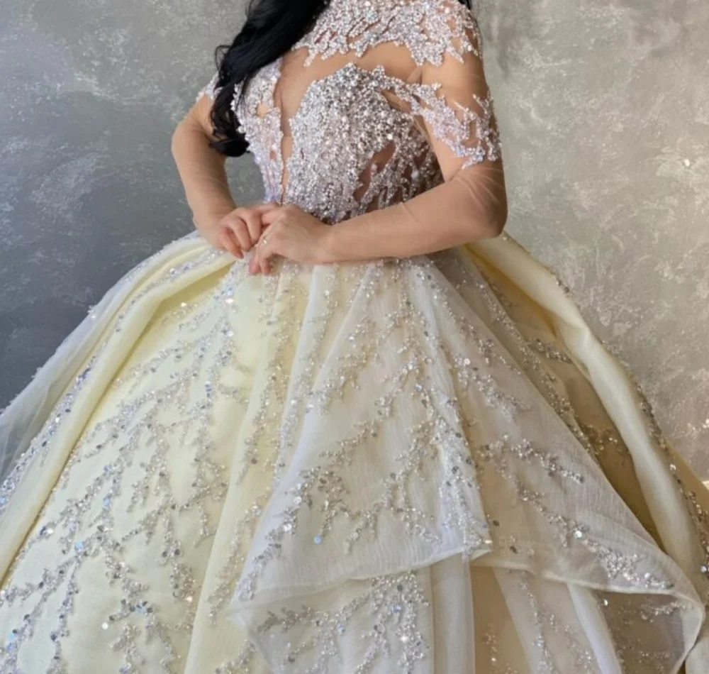 Gorgeous Ball Gown Wedding Dress For Women High Collar Long Sleeves Bridal Gowns Sequins Lace Sweep Train Dresses Custom Made vestidos de novia