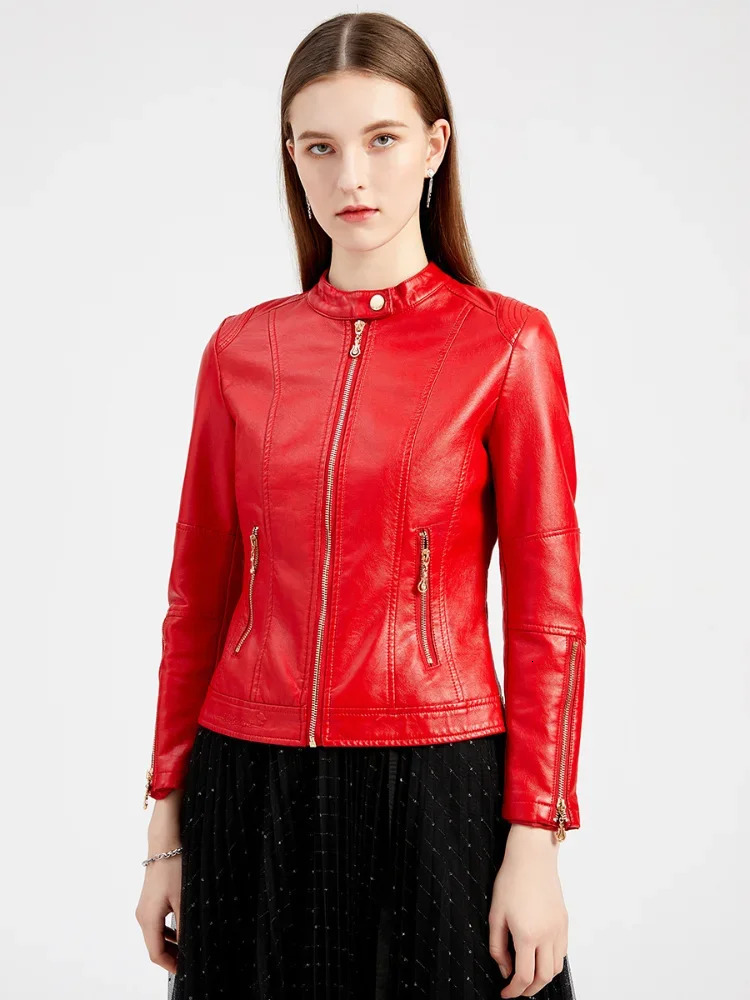Faux Leather Women Coat Full Sleeve Round Neck Slim Fit Solid Sexy Regular Jackets Zipper Casual Splice Pu Coats Jacket 250225