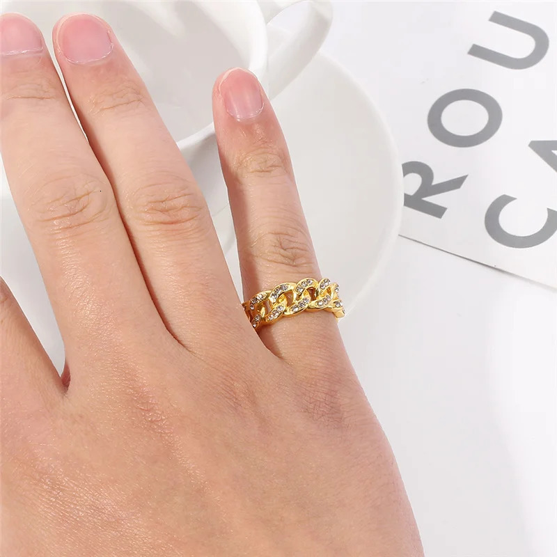 Hiphop Ring Silver Color Cuba Chain Ring Iced Out Paw Setting Micro Crystal Ring For Woman Men Engagement Wedding Finger Jewelry 250225