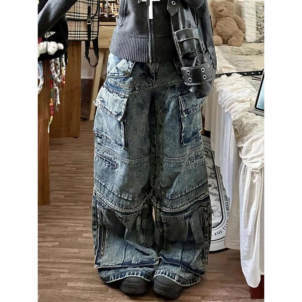 MDNG Stylish Street Multi-Pocket High Waist Cargo Pants Women American Vintage Wide Leg Haruku Hip Hop Y2k Jeans