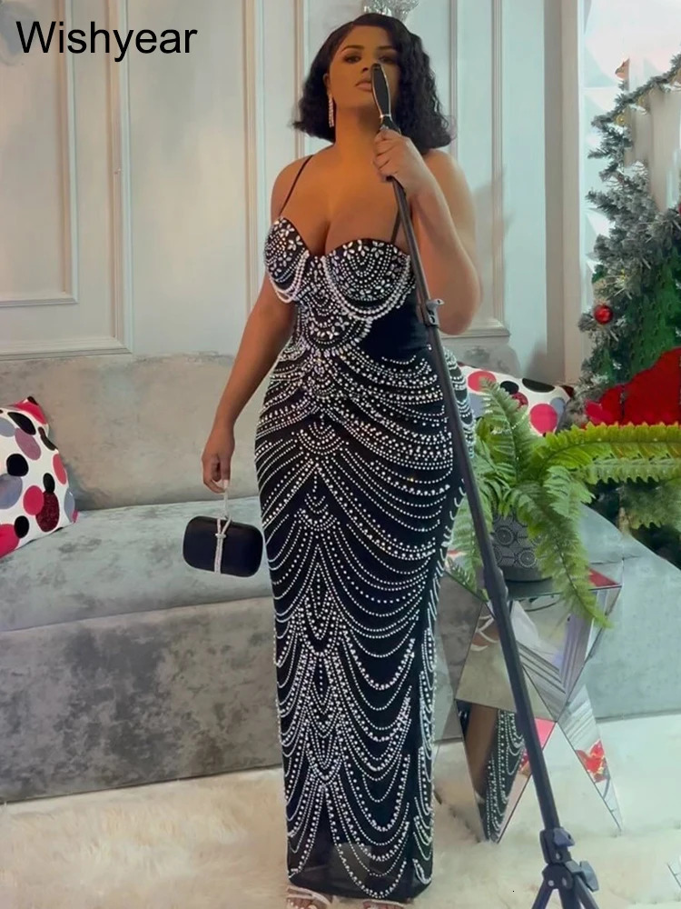 Sparkly Crystal Rhinestone Pearl Celebrities Gown Brown Dress Woman Strap Evening Party Birthday Prom Wedding Vestido 250225