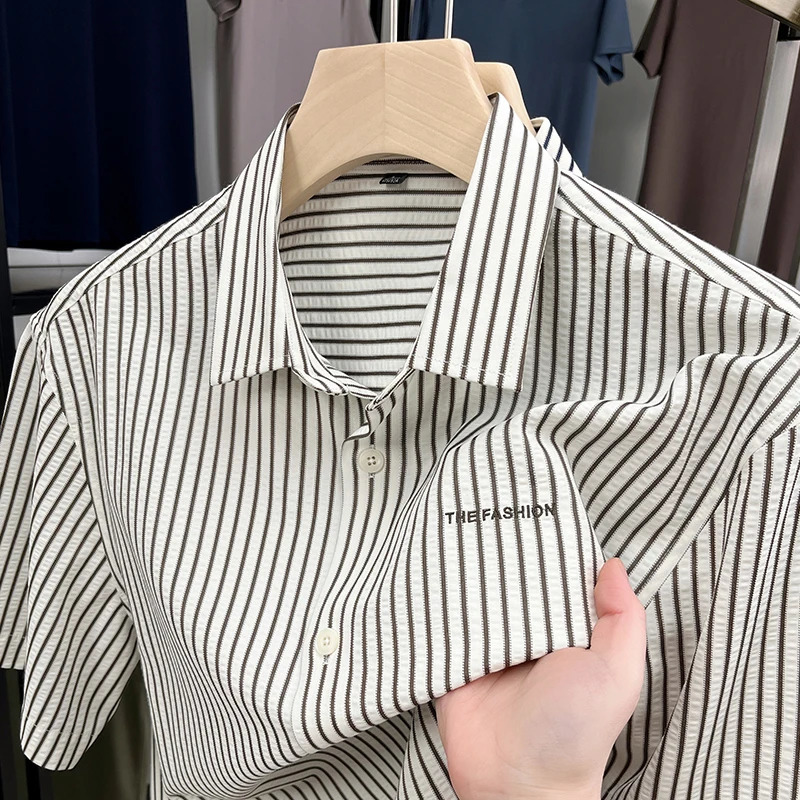 unique vertical striped mens short sleeve shirt summer 2025 fashion letter printed casual comfortable mens clothing 250226
