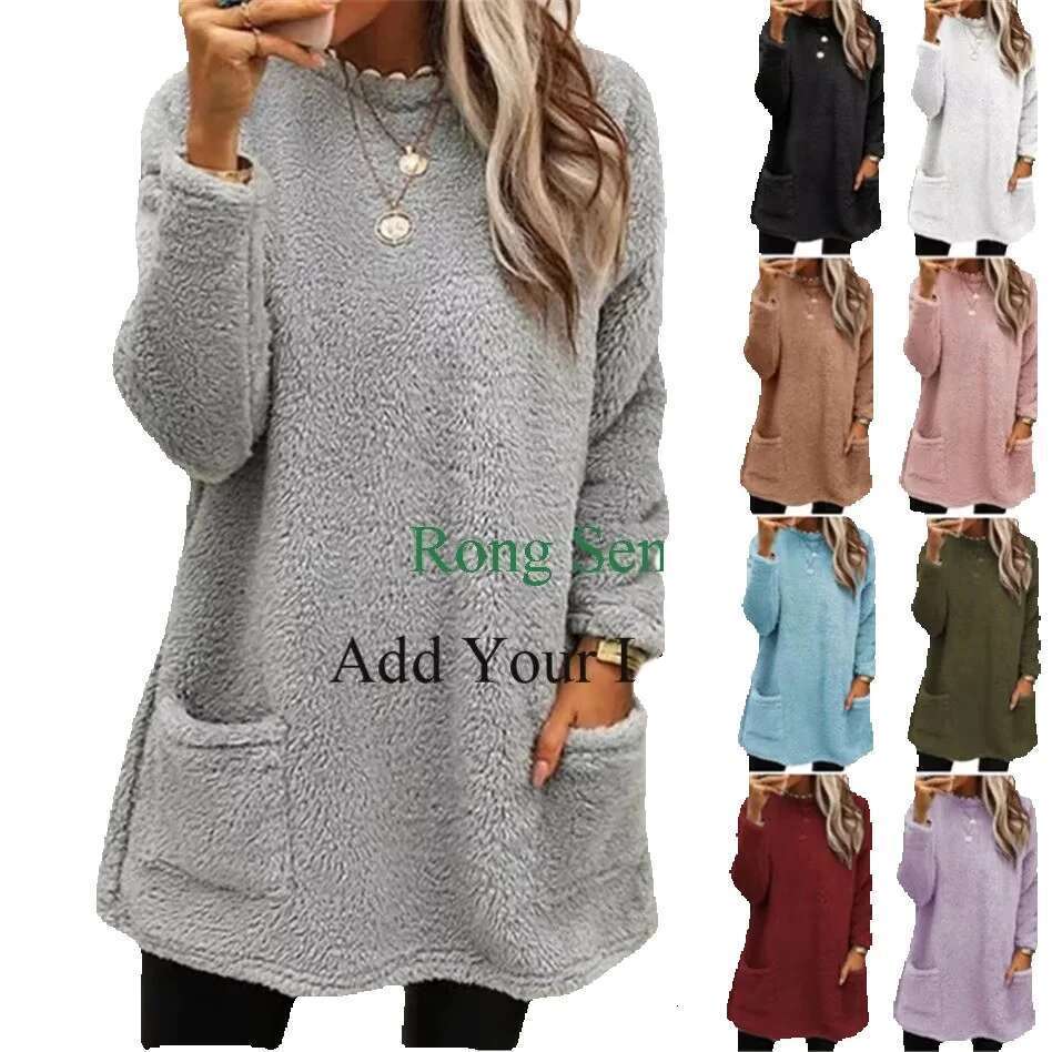 For New Long Sleeve Pocket Plush Hoodies Women Pullover Solid Color Warm Sweatshirts