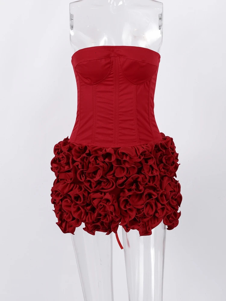 Sexy Red 3D Flowers Dress Suits Women Fishbone Bandage Adjustable Tube Top Flower Mini Skirt Suit Party Club Lady Outfits 2024 250224