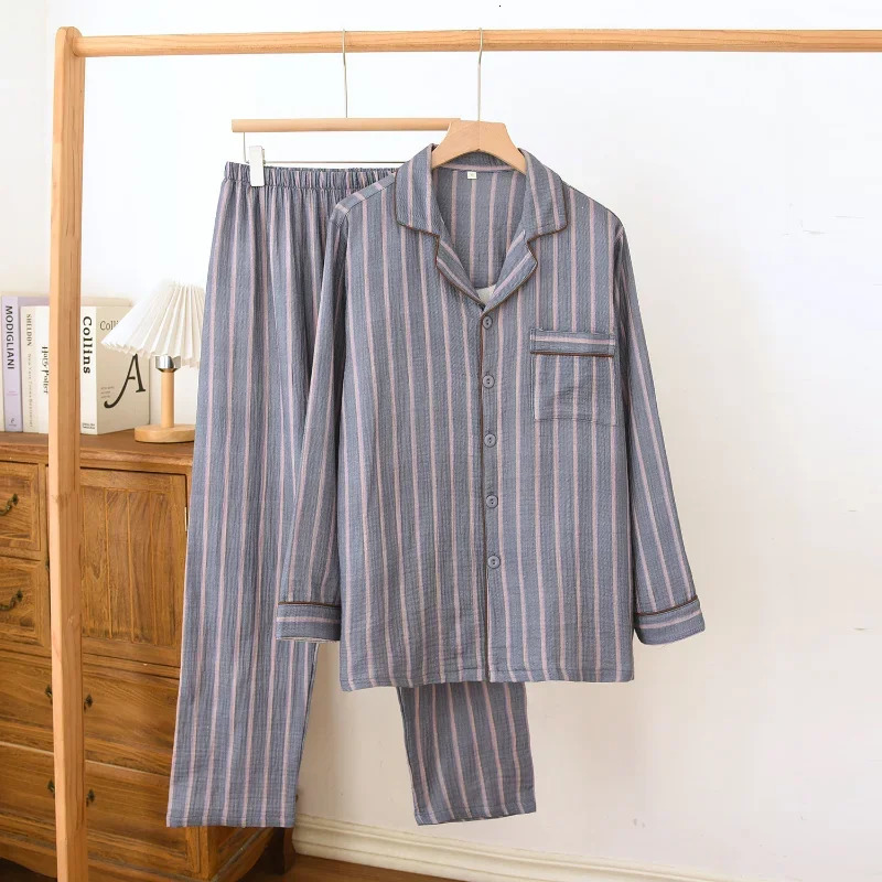 Mens pajamas two-piece set suitable for spring 100% cotton crepe fabric vertical stripes long sleeved pants family set 250225