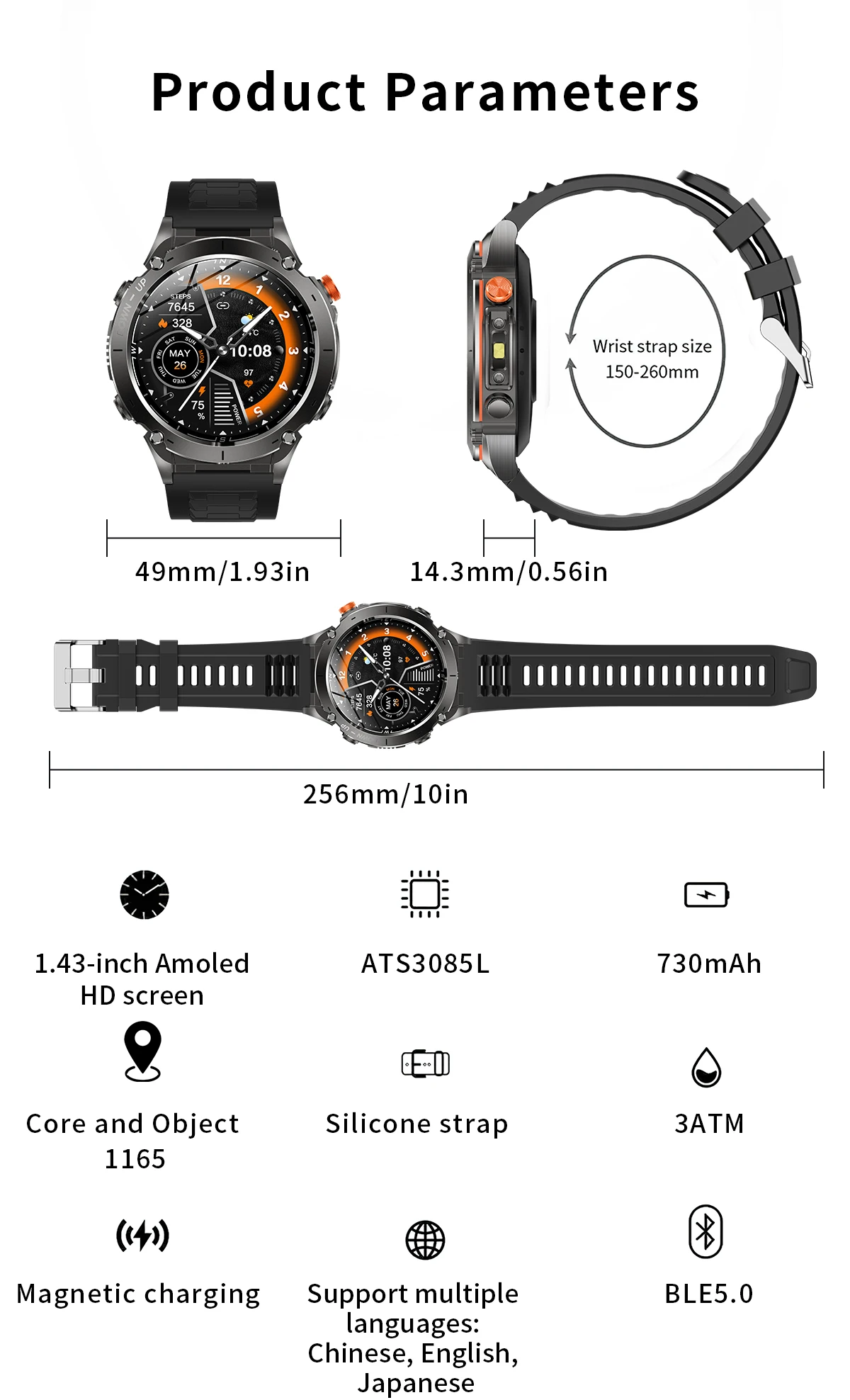 New Outdoor Sports GPS Smart Watch with Flashlight 1.43'' Amoled 730mAh 30M Waterproof Heart Rate Blood Pressure Men Smartwatch