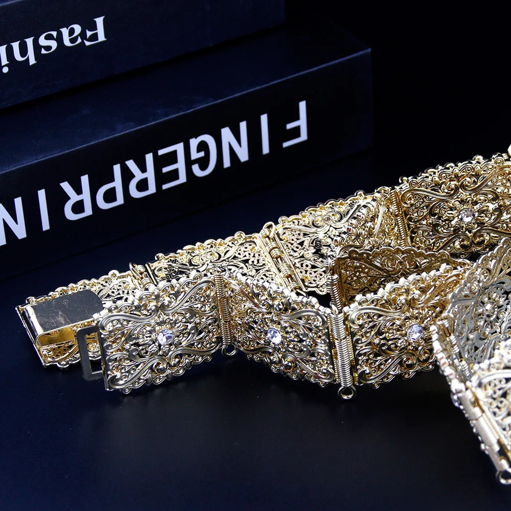 Sunspicems Wide Morocco Belt For Women Caftan Dress Waist Chain Gold Color Arabic Wedding Body Jewelry Crystal Belt Bridal Gift 250225