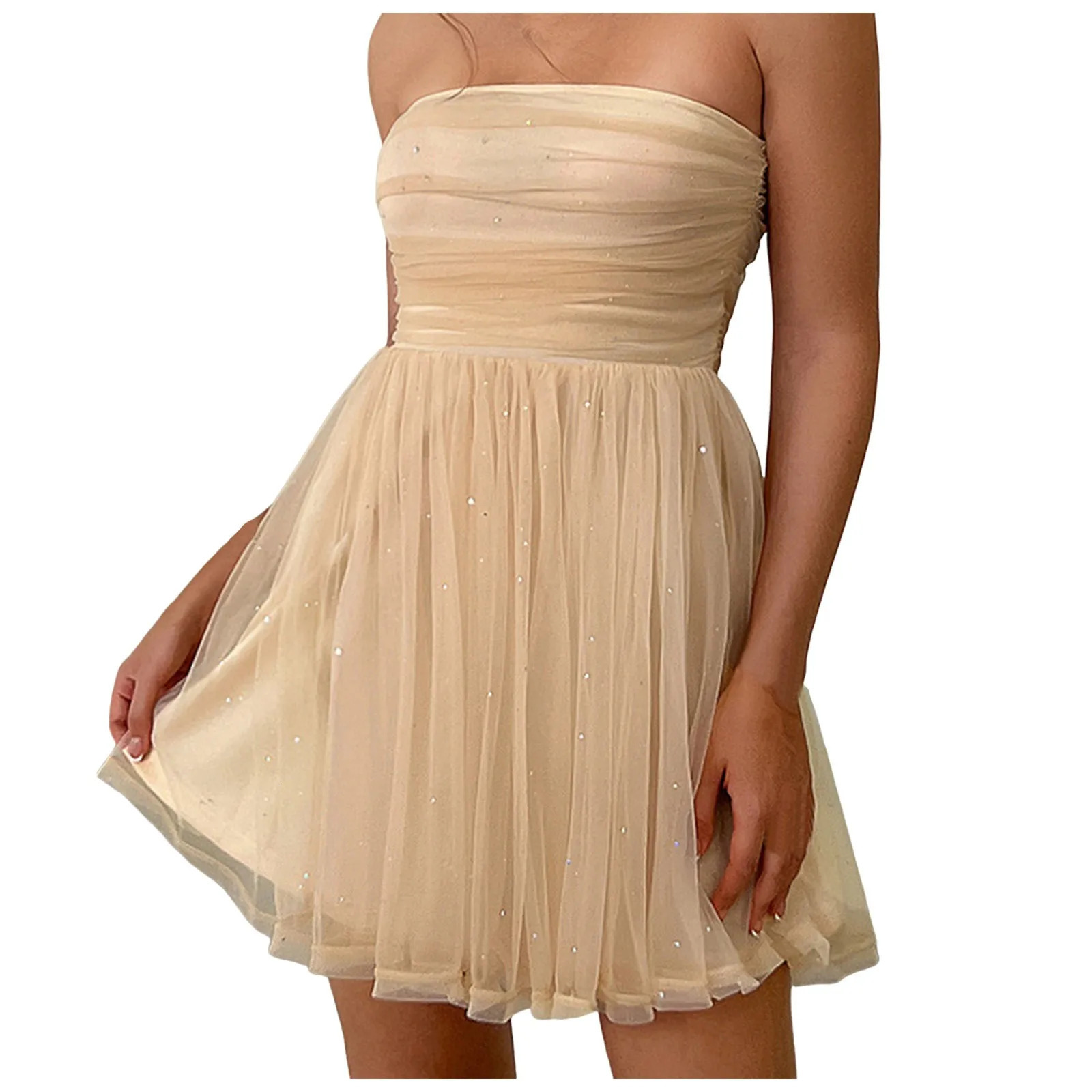 Womens Sparkly Strapless Mini Dress With Bow High Waist Ruched Pleated Sexy Dresses For Teens Graduation Evening Party Gown 250225