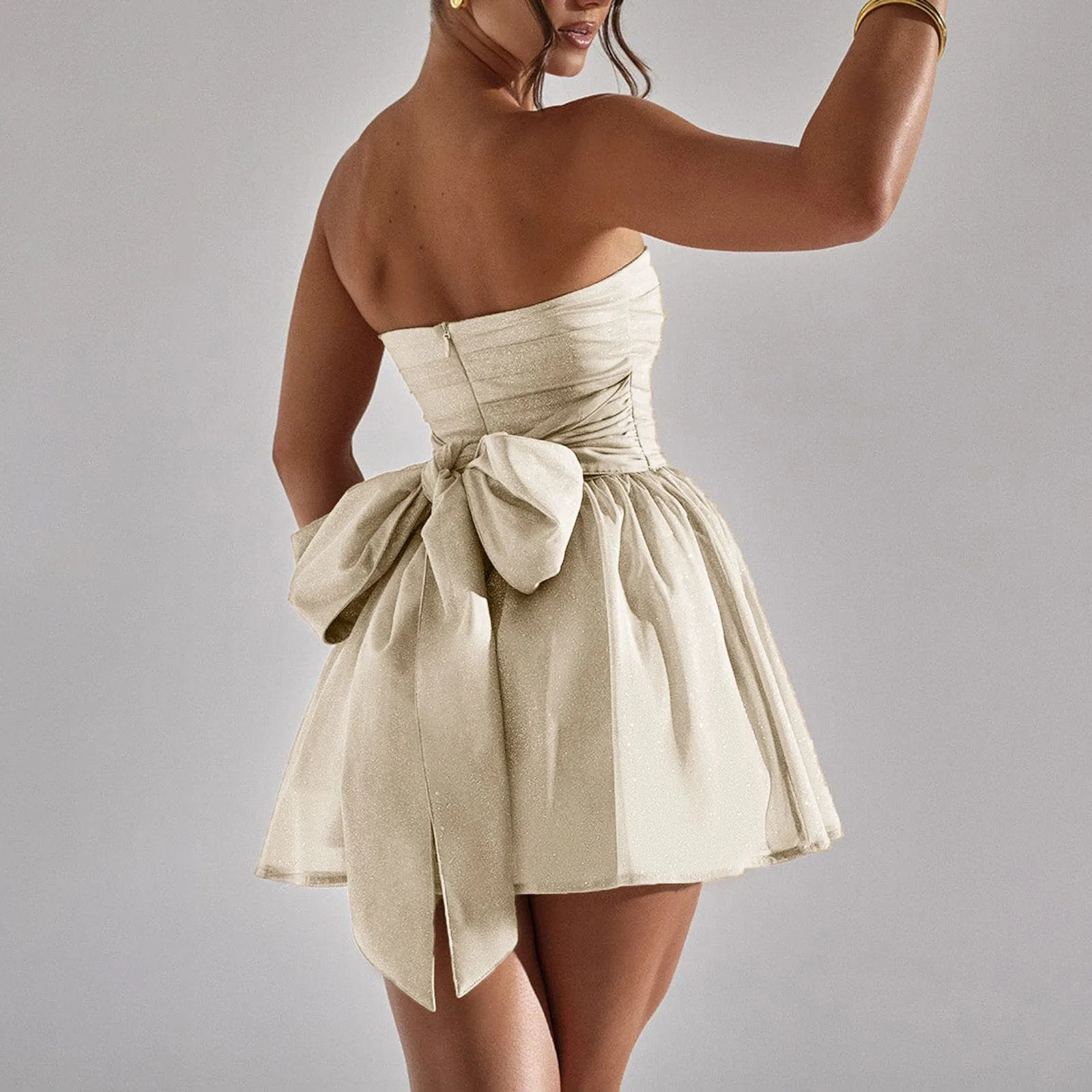 Sexy Strapless Short Prom Dresses For Teens Sparkly Tulle Mini Cocktail Party Gowns Sheer Mesh Back Big Bow Mini Dress 250225