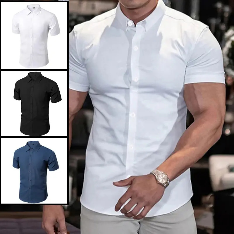 Solid Color Shirt Summer Mens No-Ironing Shows Figure Casual Stylish Suit Short XL-XXXL Black White Navy Blue 250226