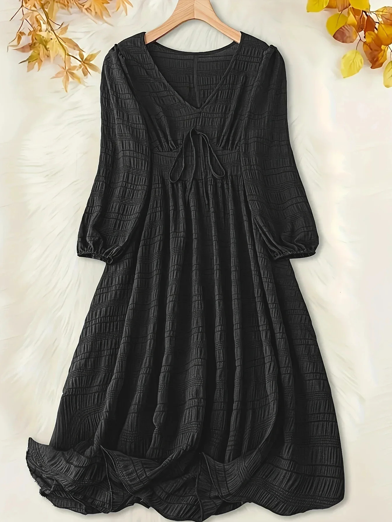 1XL-5XL Plus Size Womens Casual Dress with Textured Lantern Sleeves and V-Neck Tie Front Midi Dress for Comfort and Style 250225