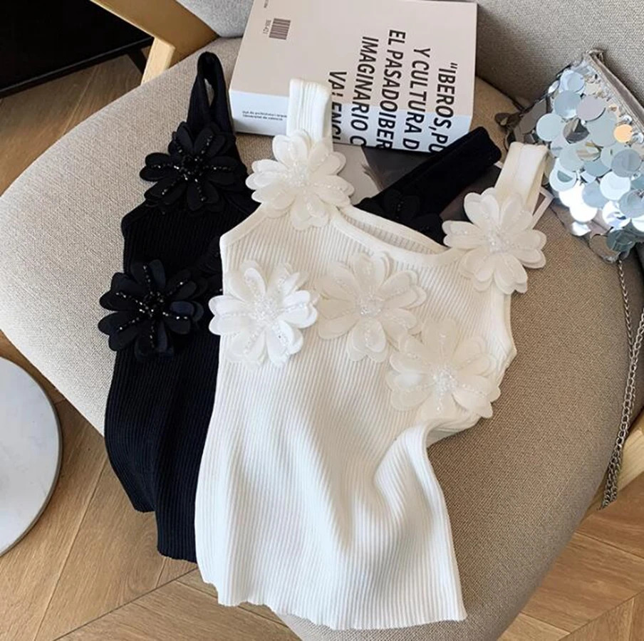 Heavy Industry Sequined Flower Splicing Tank Top Womens Summer Blouse Outerwear Knitted Sleeveless Top 250225