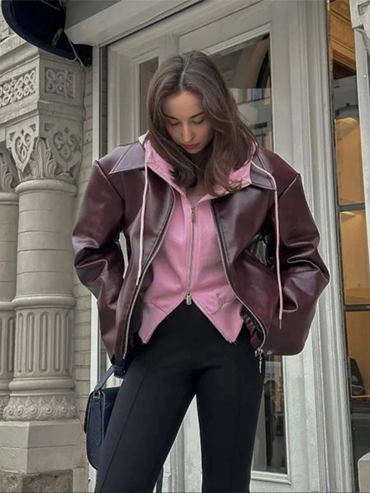 Casual Leather Jackets Women Loose Lapel Zipper Pocket Long Sleeves Pu Coats Female 2024 Autumn High Street Soft Outwears Lady 250225