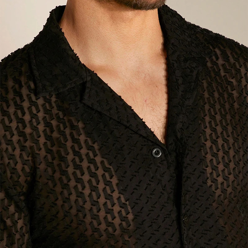 Fashionable hollow jacquard mesh shirt mens short sleeved button top transparent sexy summer mens breathable cardigan 250222