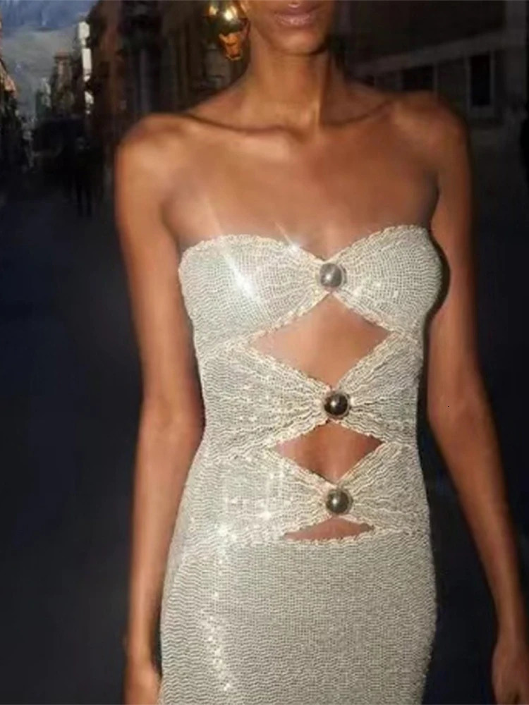 Sexy Sequined Beading Women Long Dress Slim Hollow Out Sleeveless Female Evening Dresses Summer Pleated Street Lady Robe 250225