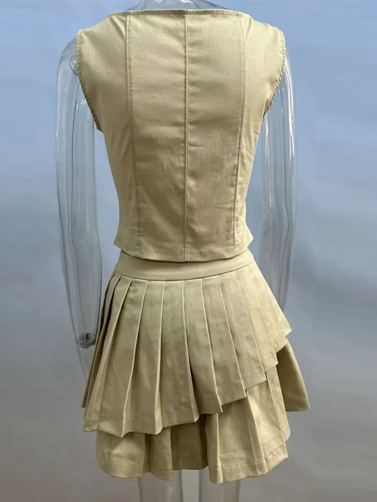 Sleeveless Tank Top Skirt Sets Women V-neck Elegant Slim Vest Tops Pleated Mini Skirts Suits 2 Pieces Female Spring Outfits 250225
