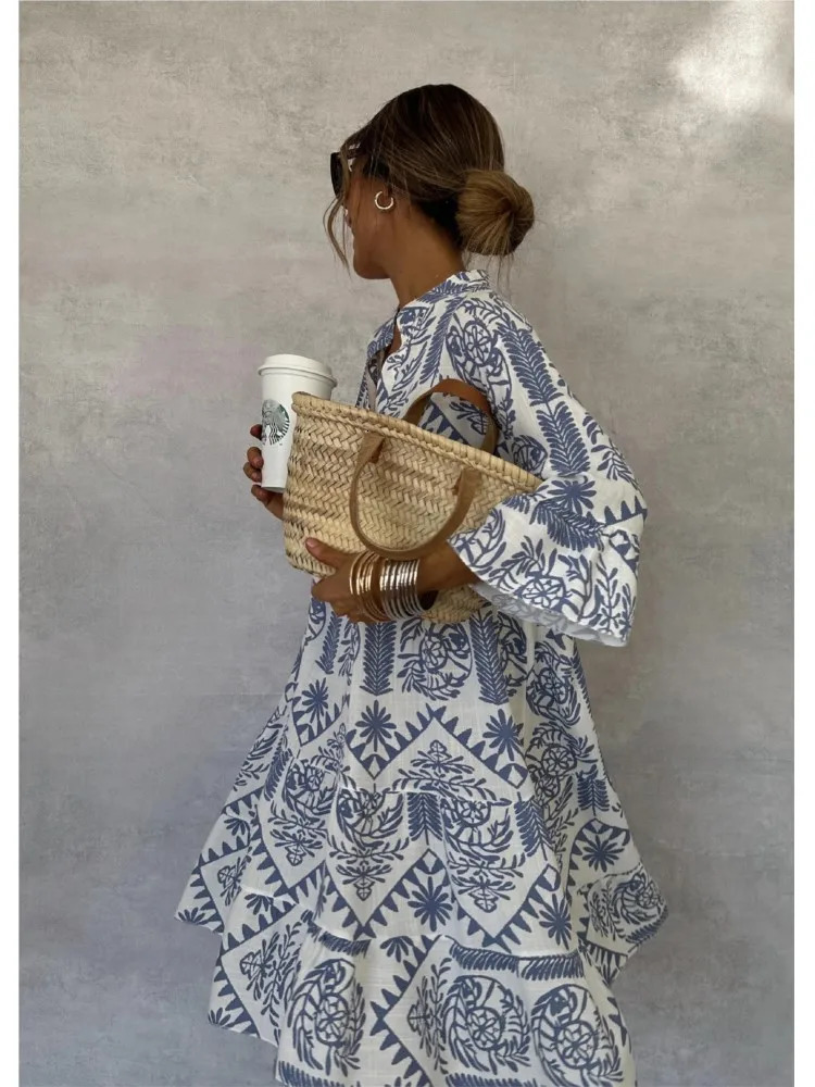 Autumn Casual Print Vacation Loose Dress Women Fashion V-neck Flare Sleeve Elegant Ruffle Shirt Dress Female Vintage Loose Dress 250225