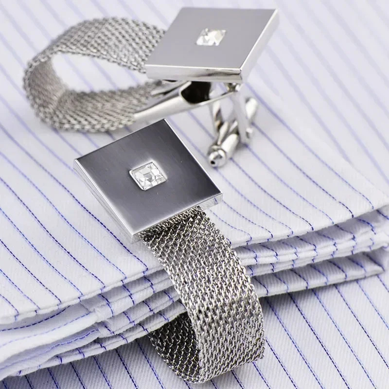 Fashion Chain Mesh Crystal Cufflinks Business Casual French Shirt Buttons Mens Party Daily Dress Jewelry Accessories 250225