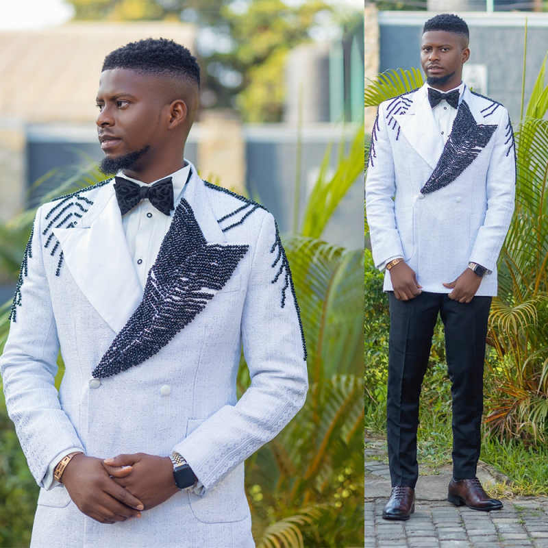 Gorgeous Wedding Tuxedos Splicing Colors Beading Double Breasted Men Suits Peaked Lapel 2 Piece Set Jacket Pants Business Blazers Customized